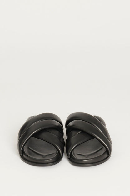 Black 'Lizzie' Cross-Over Leather Preowned Slides