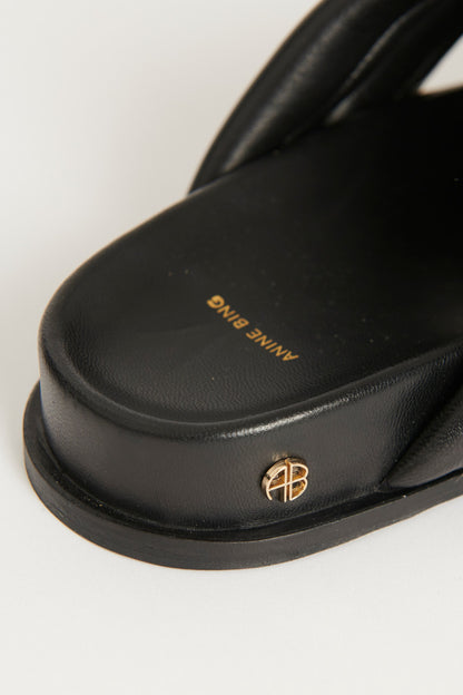 Black 'Lizzie' Cross-Over Leather Preowned Slides