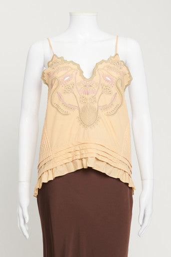 Sandy Beige Embroidered Cotton Voile Camisole Top
