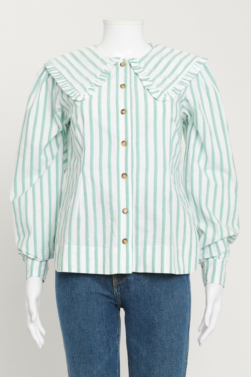 White and Green Striped Blouse with Ruffled Collar