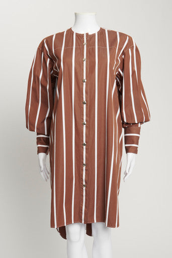 Brown And White Striped Collarless Dress