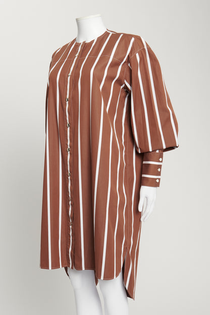 Brown And White Striped Collarless Dress