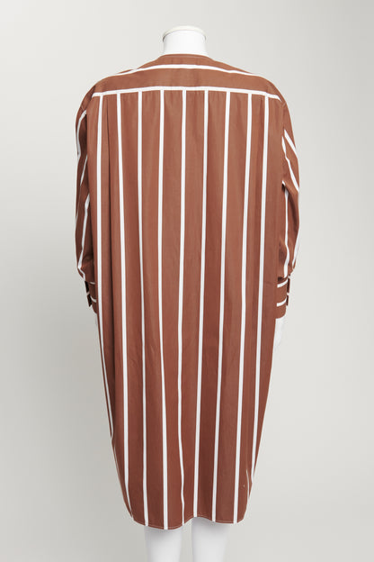 Brown And White Striped Collarless Dress