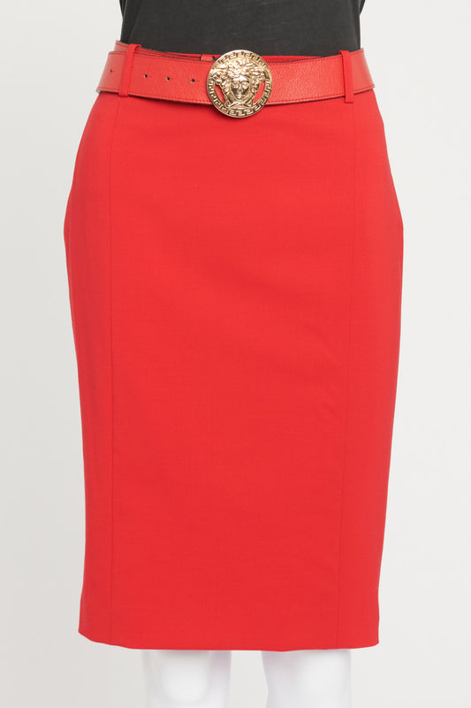 Red Knee-Length Pencil Skirt With Belt