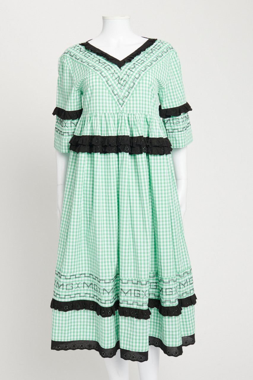 Green and White Gingham Oversized Midi Dress with Black Trimming