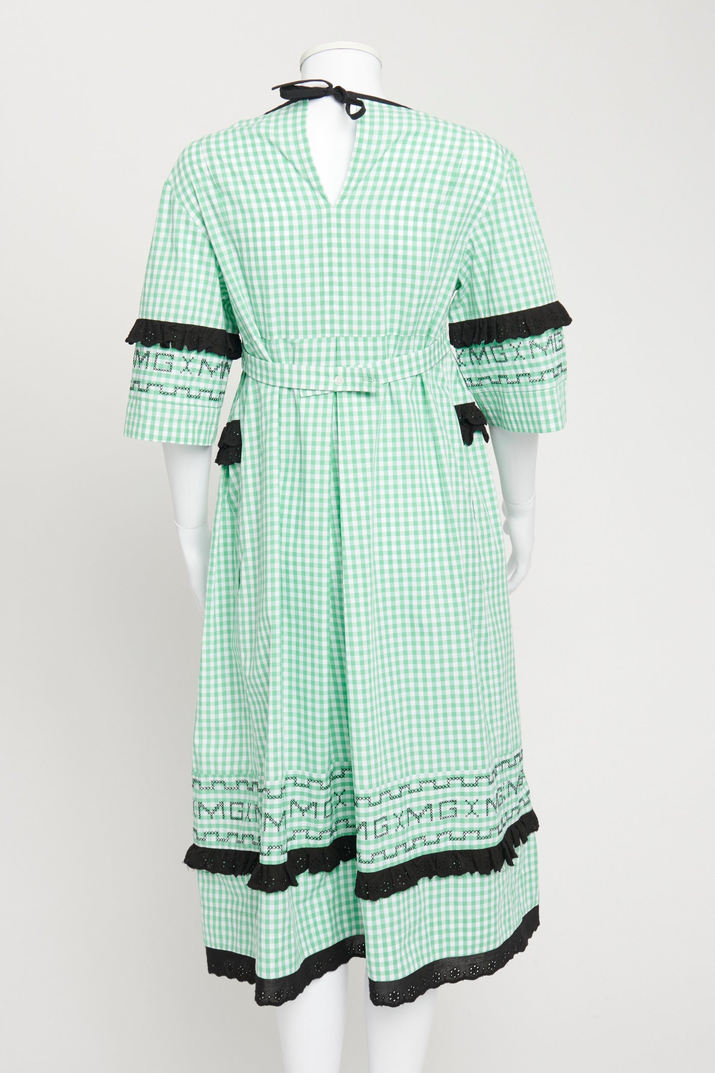 Green and White Gingham Oversized Midi Dress with Black Trimming