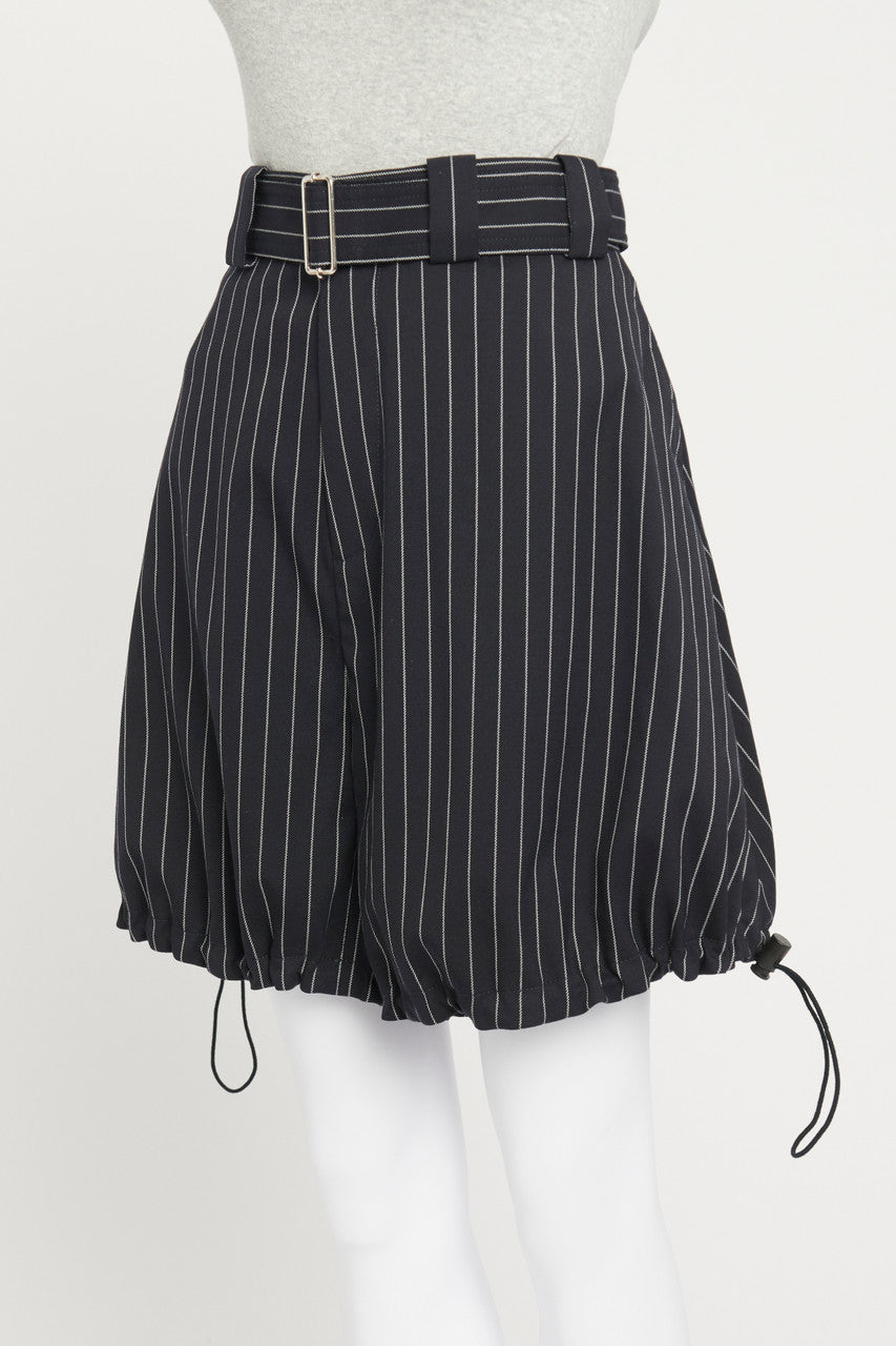 Navy and White Stripped Tucked Shorts with Waist Buckle