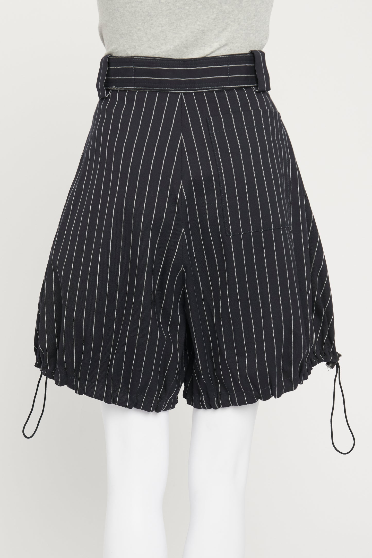 Navy and White Stripped Tucked Shorts with Waist Buckle