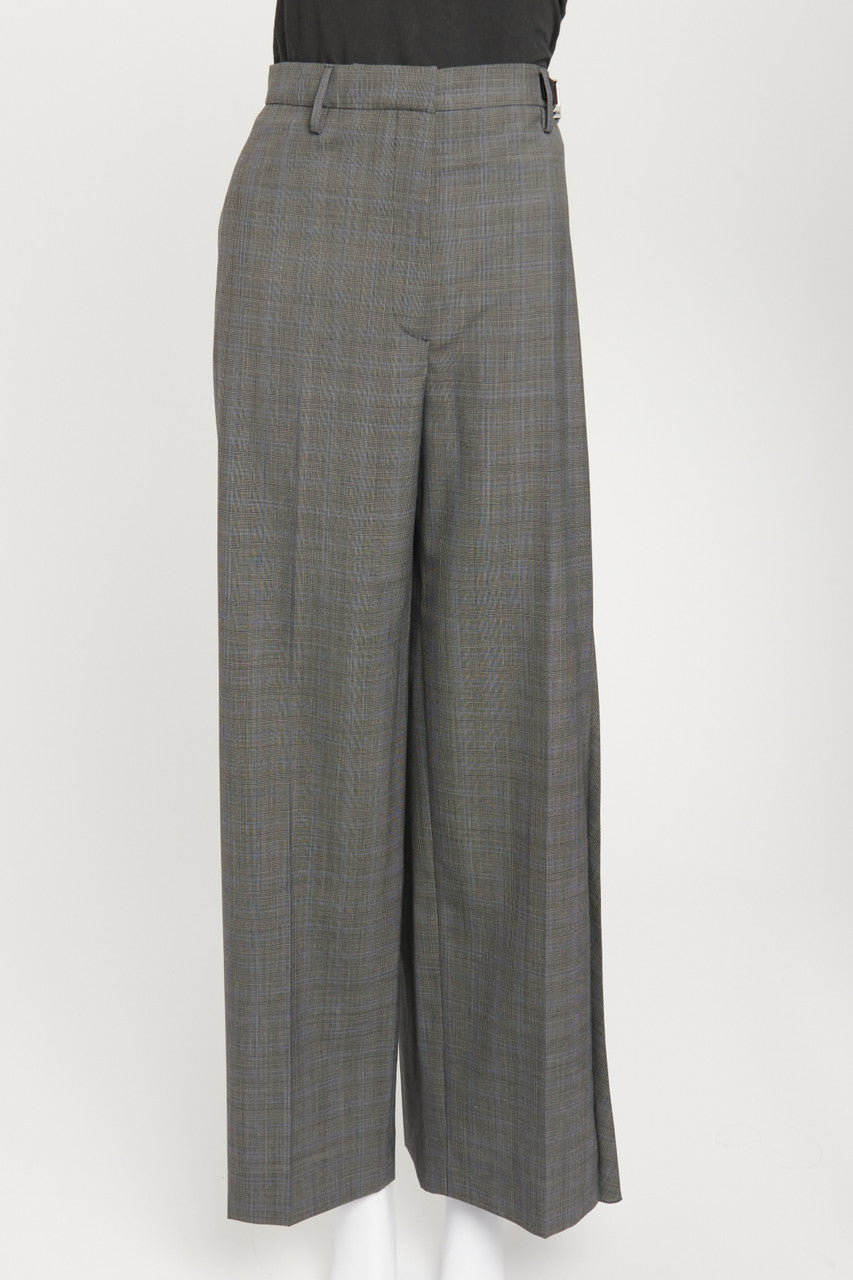Grey Houndstooth Checkered Trousers with Seat Belt Side Waist Buckle
