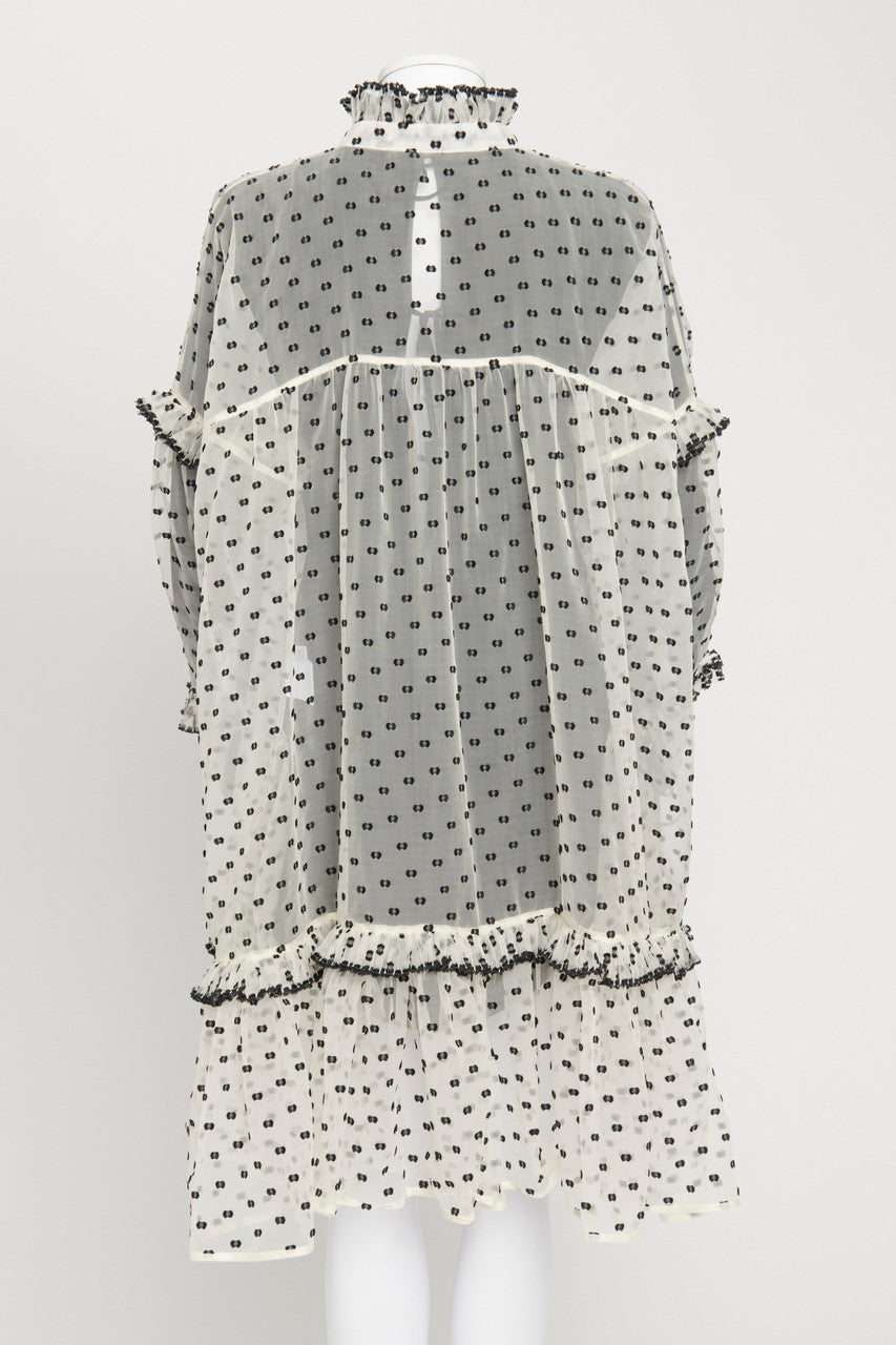 Black And White Knee-Length Embroidered Polka Dot Dress
