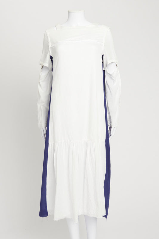 White Midi Dress With Cut Out Sleeves And Blue Panels