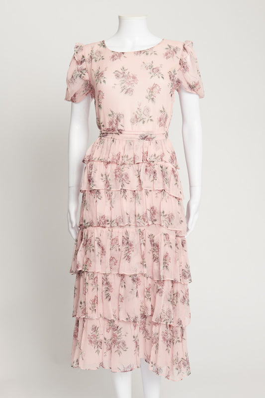 Pink Rose Print Silk Preowned Midi Dress with Frill Trim