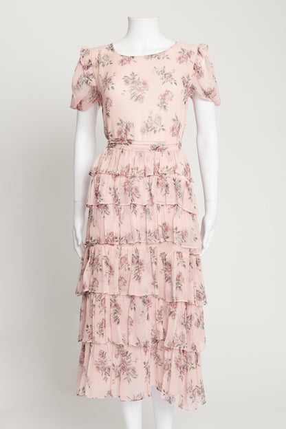 Pink Rose Print Silk Preowned Midi Dress with Frill Trim