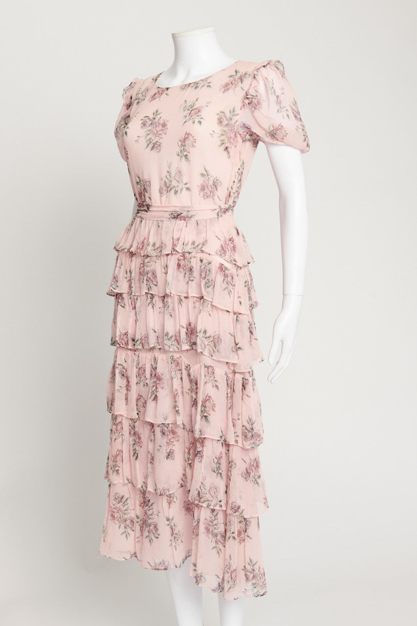 Pink Rose Print Silk Preowned Midi Dress with Frill Trim