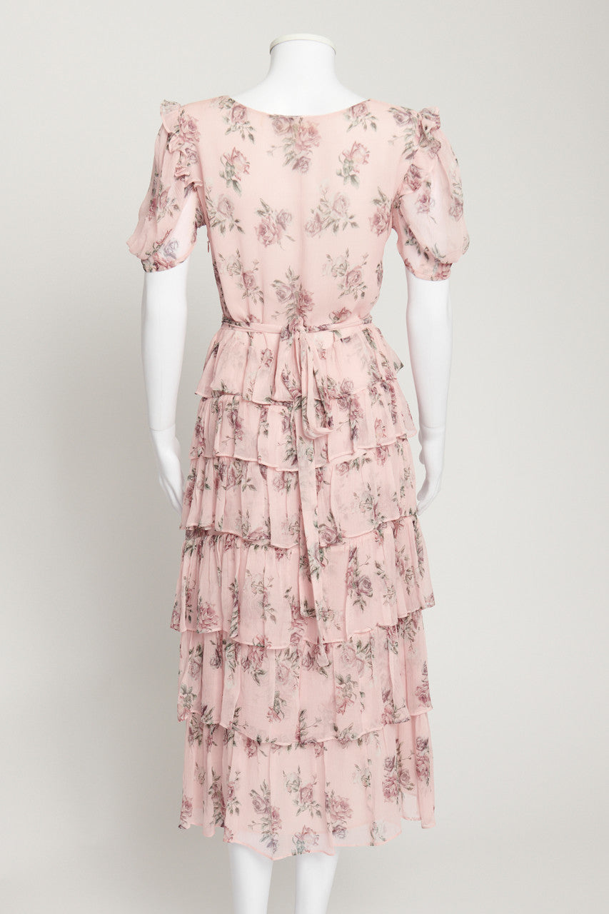 Pink Rose Print Silk Preowned Midi Dress with Frill Trim