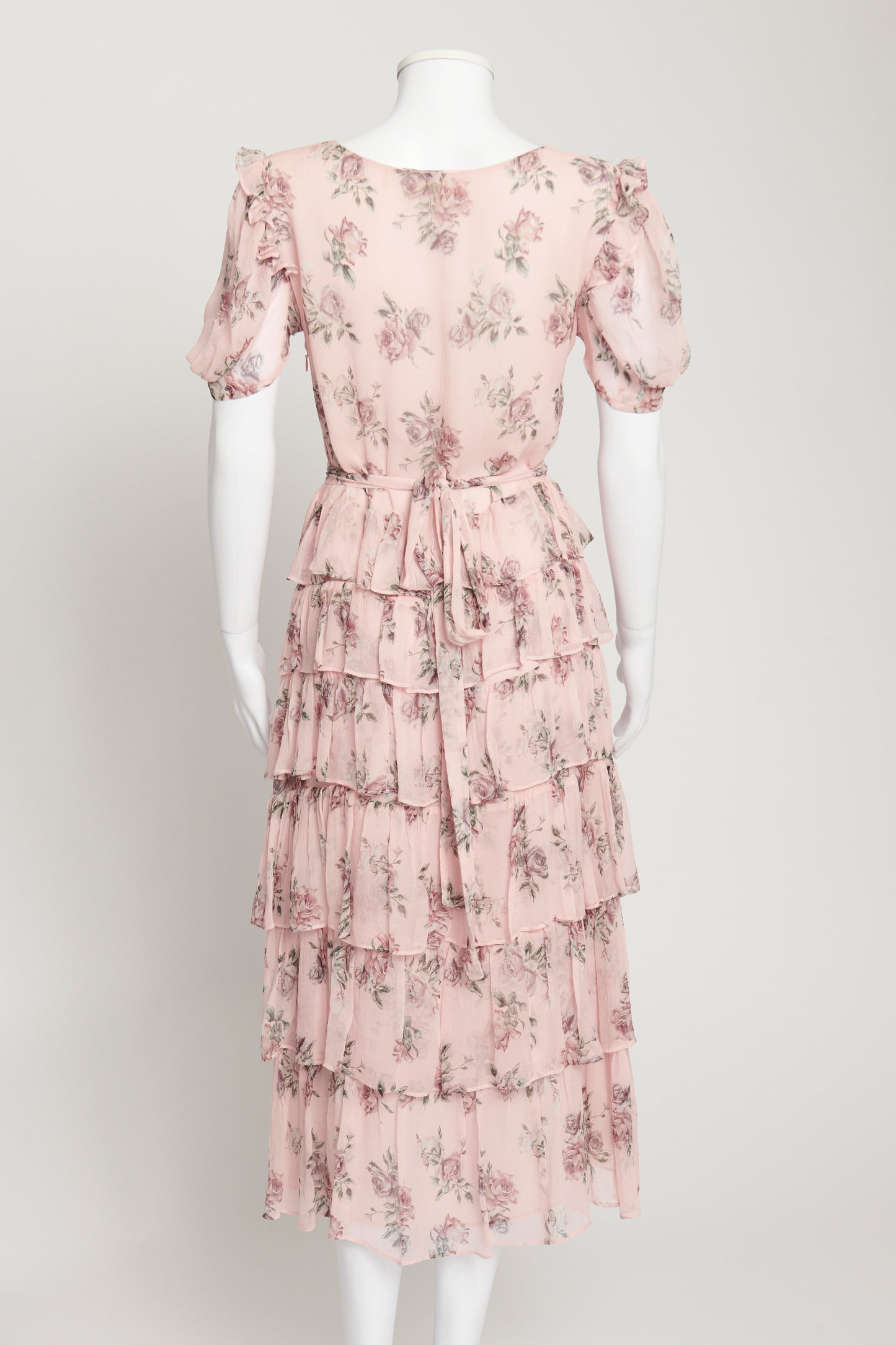 Pink Rose Print Silk Preowned Midi Dress with Frill Trim