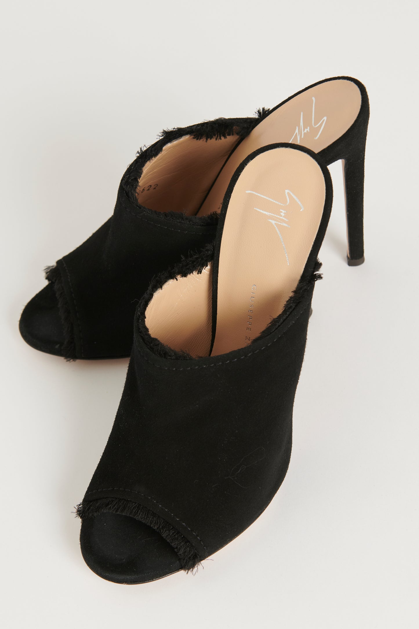 Black Suede Heeled Preowned Mules with Fringe Trim