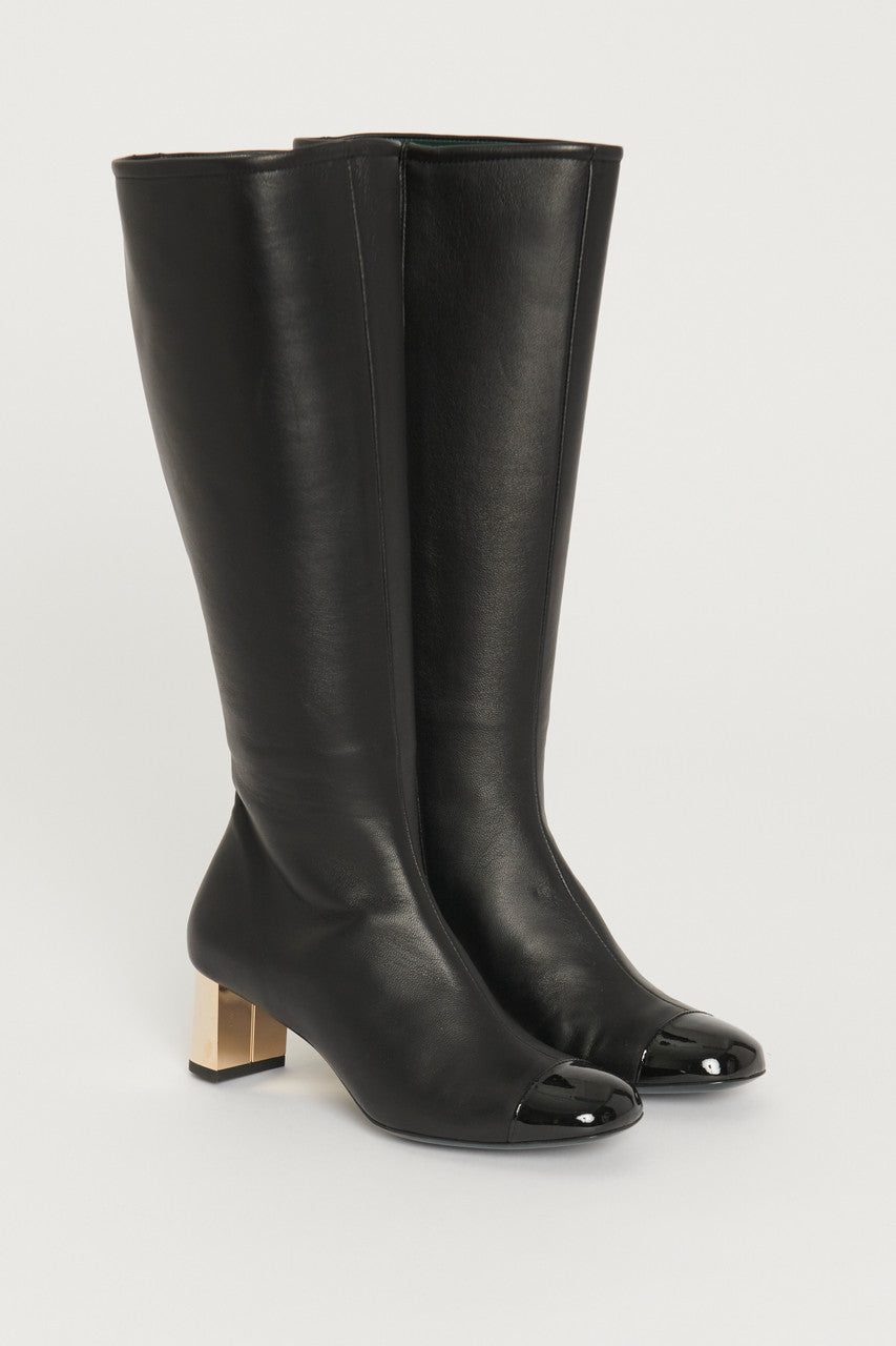 Black Leather Opera Knee Length Preowned Boot