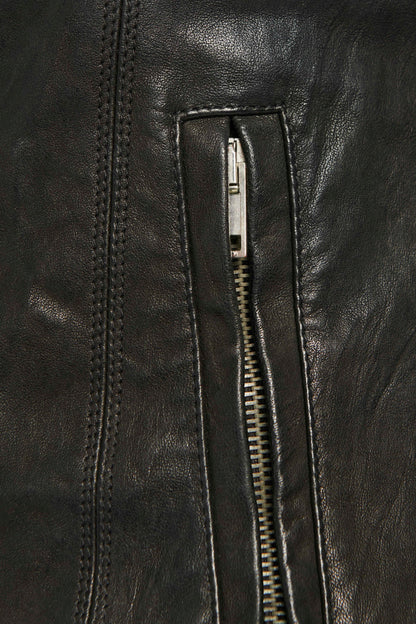 Black Leather High Neck Biker Jacket