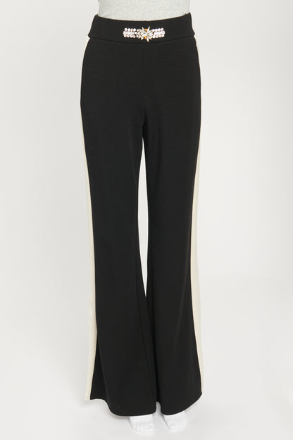 Black Trousers with Contrasting White Side Stripe and Crystal Embellished Front Waist