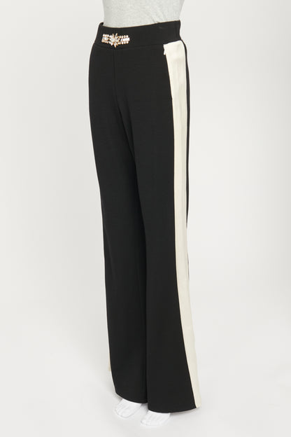 Black Trousers with Contrasting White Side Stripe and Crystal Embellished Front Waist