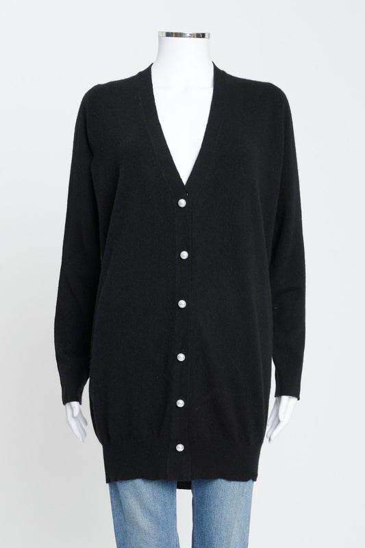 Black Cashmere Preowned Longline Cardigan With Pearl Buttons