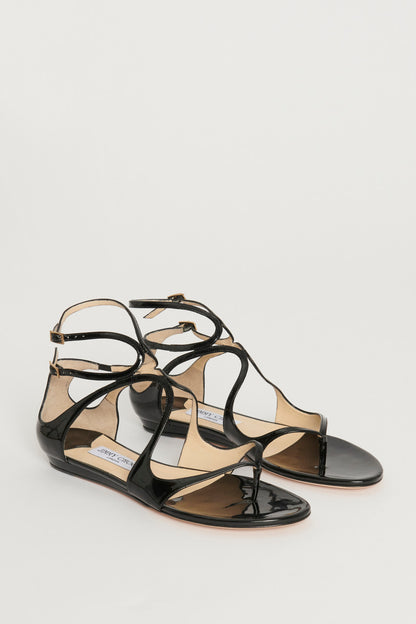Black Patent Leather Preowned Sandals with Double Ankle Straps