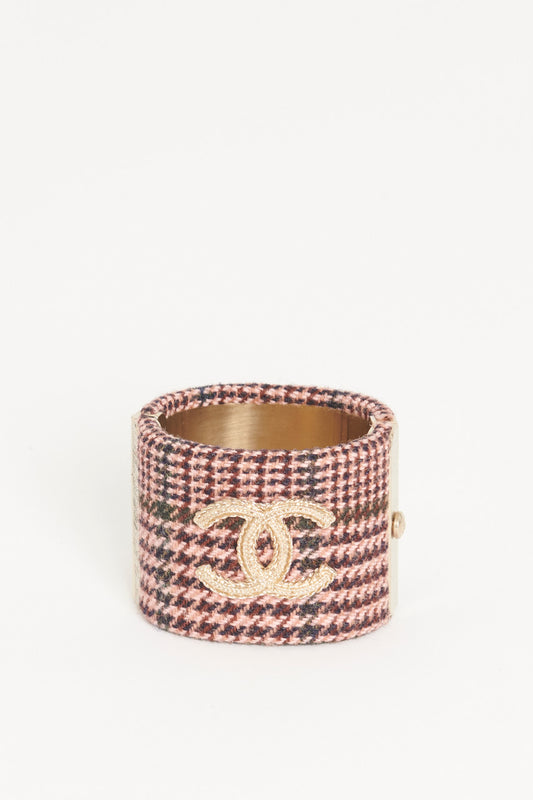 Pink Houndstooth Tweed Cuff with Signature CC Brooch