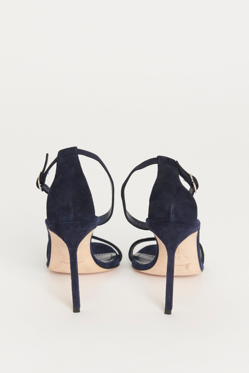 Navy Suede Open Toe Preowned Heels with Adjustable Strap