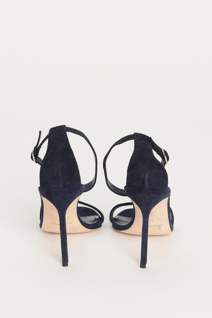 Navy Suede Open Toe Preowned Heels with Adjustable Strap