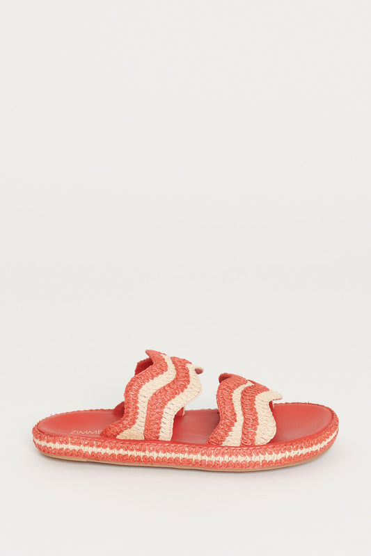 Red and Cream Two-Tone Raffia Preowned Slides