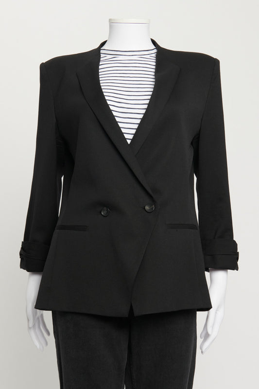 Black Wool Double Breasted Blazer with Cropped Sleeve