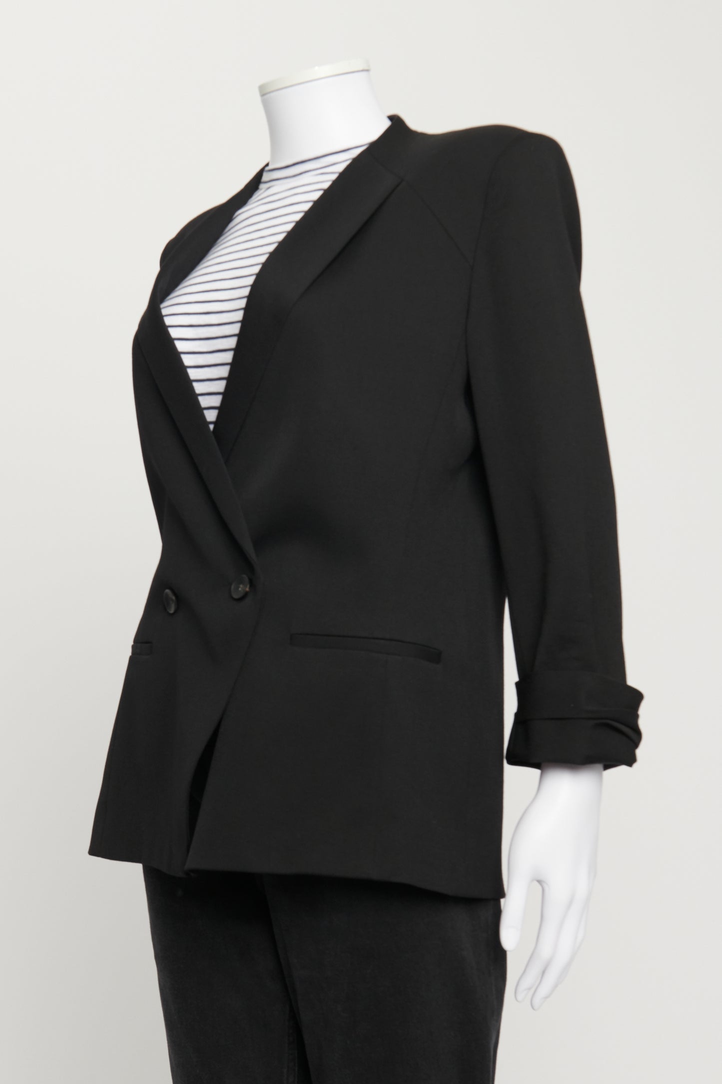 Black Wool Double Breasted Blazer with Cropped Sleeve