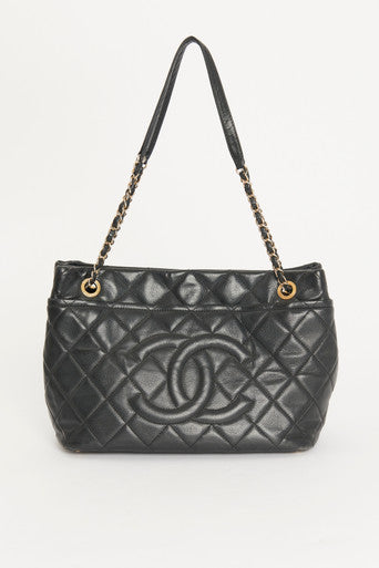 Preowned Black Leather Diamond Quilted CC Shopping Tote