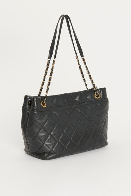 Preowned Black Leather Diamond Quilted CC Shopping Tote