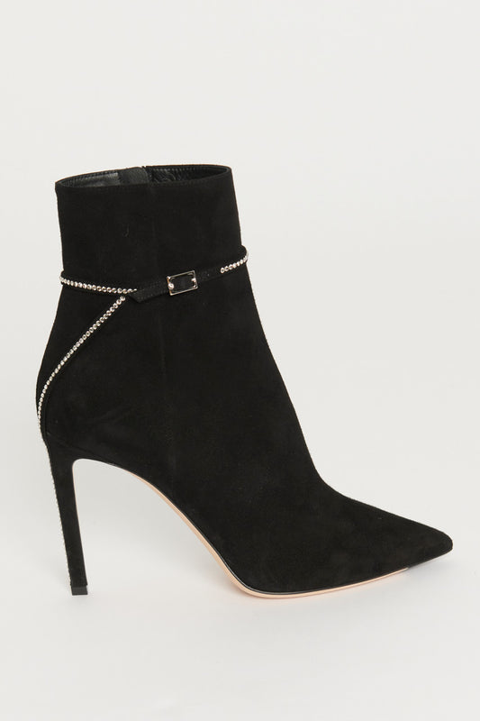 Black Suede Diamante Strap Stiletto Preowned Ankle Boots