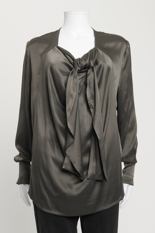Grey Silk Tie Front Draped Blouse