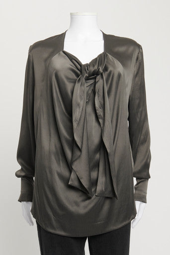 Grey Silk Tie Front Draped Blouse