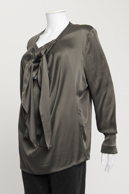 Grey Silk Tie Front Draped Blouse