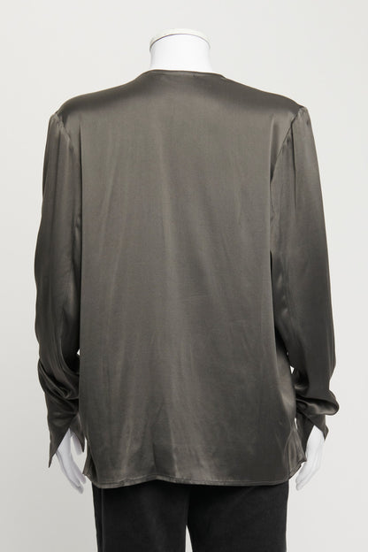 Grey Silk Tie Front Draped Blouse