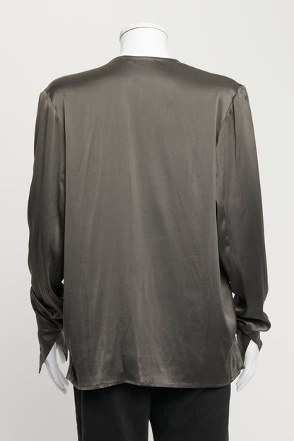 Grey Silk Tie Front Draped Blouse