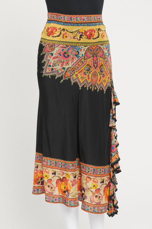 Black with Multi Colour Abstract Print Silk Midi Skirt