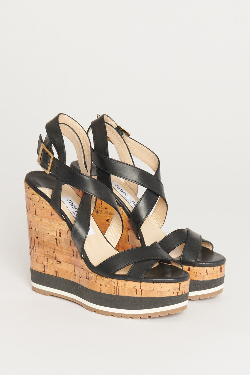 Black Leather Crossover Strap Preowned Espadrille Wedges