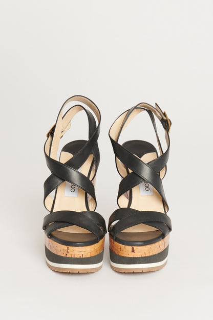 Black Leather Crossover Strap Preowned Espadrille Wedges