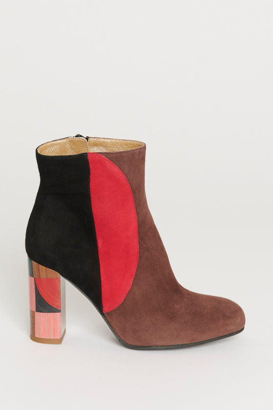 Suede Colour Block Pattern Boots with Abstract Print Heel