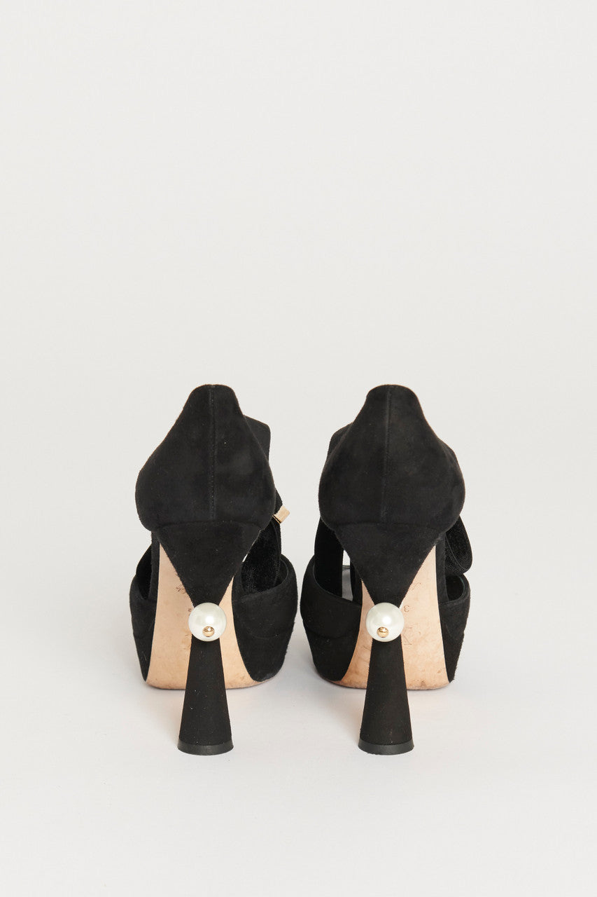 2009 Black Suede Preowned Pearl Platformed Heels