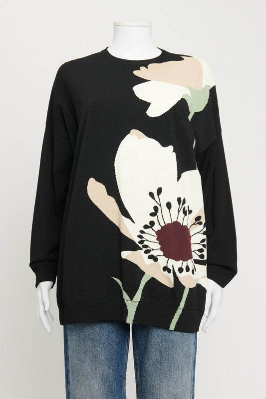 Black Crew Neck Floral Intarsia Knit Preowned Pullover Sweater