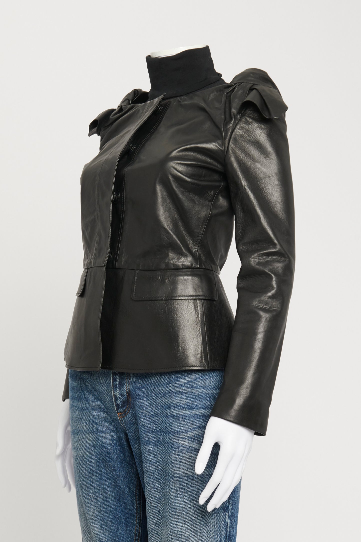 Black Leather Knot-Shoulder Peplum Jacket