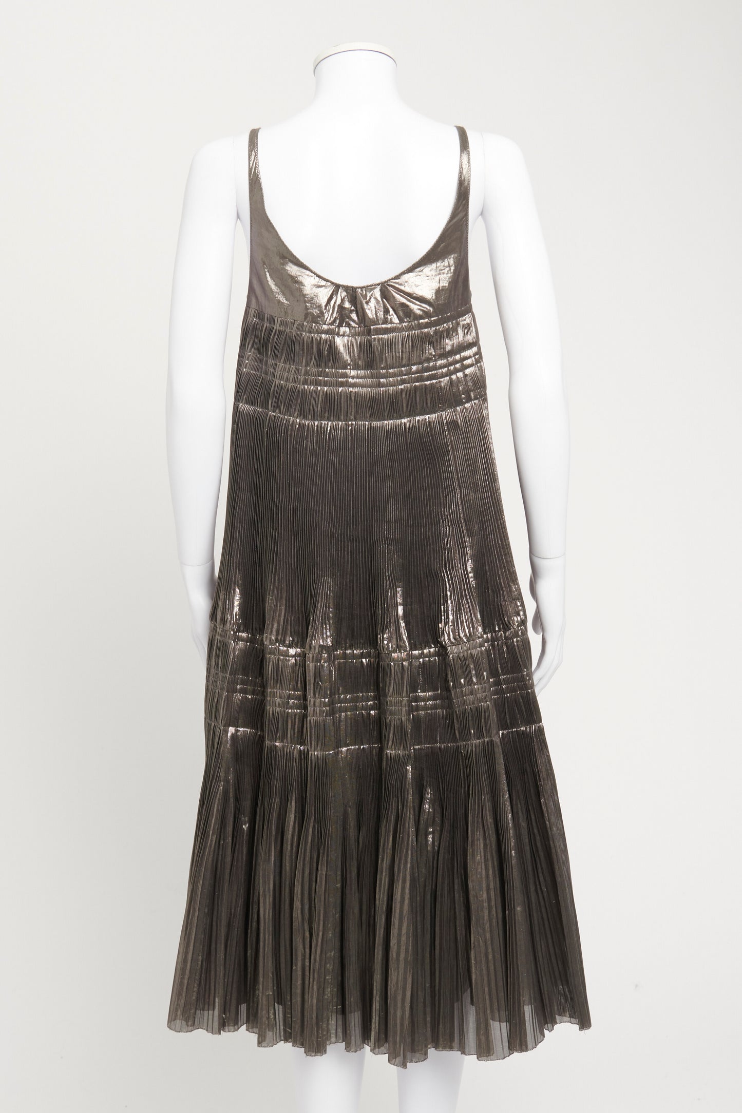 Silver Metallic Pleated Midi Dress