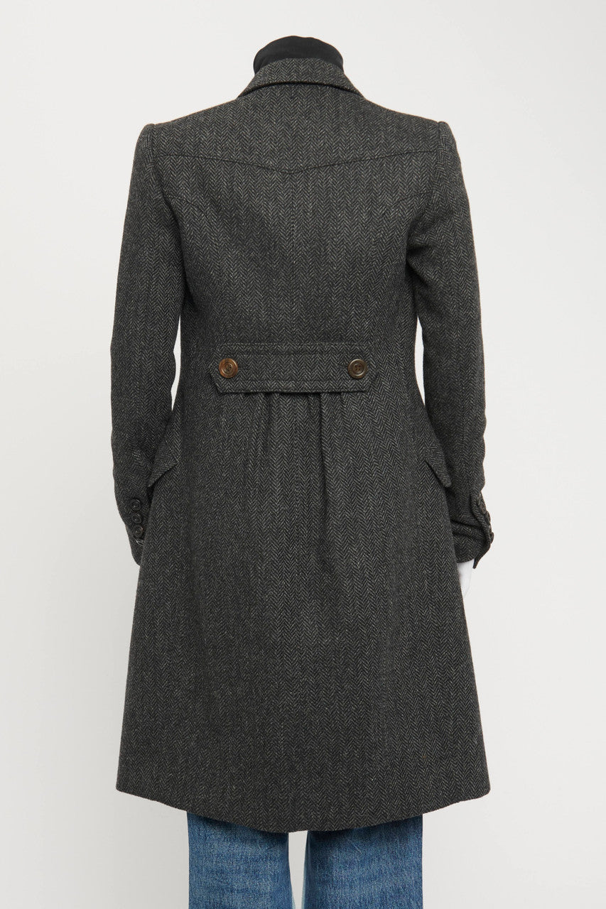 Grey and Black Wool Preowned Coat with Pleated Pocket